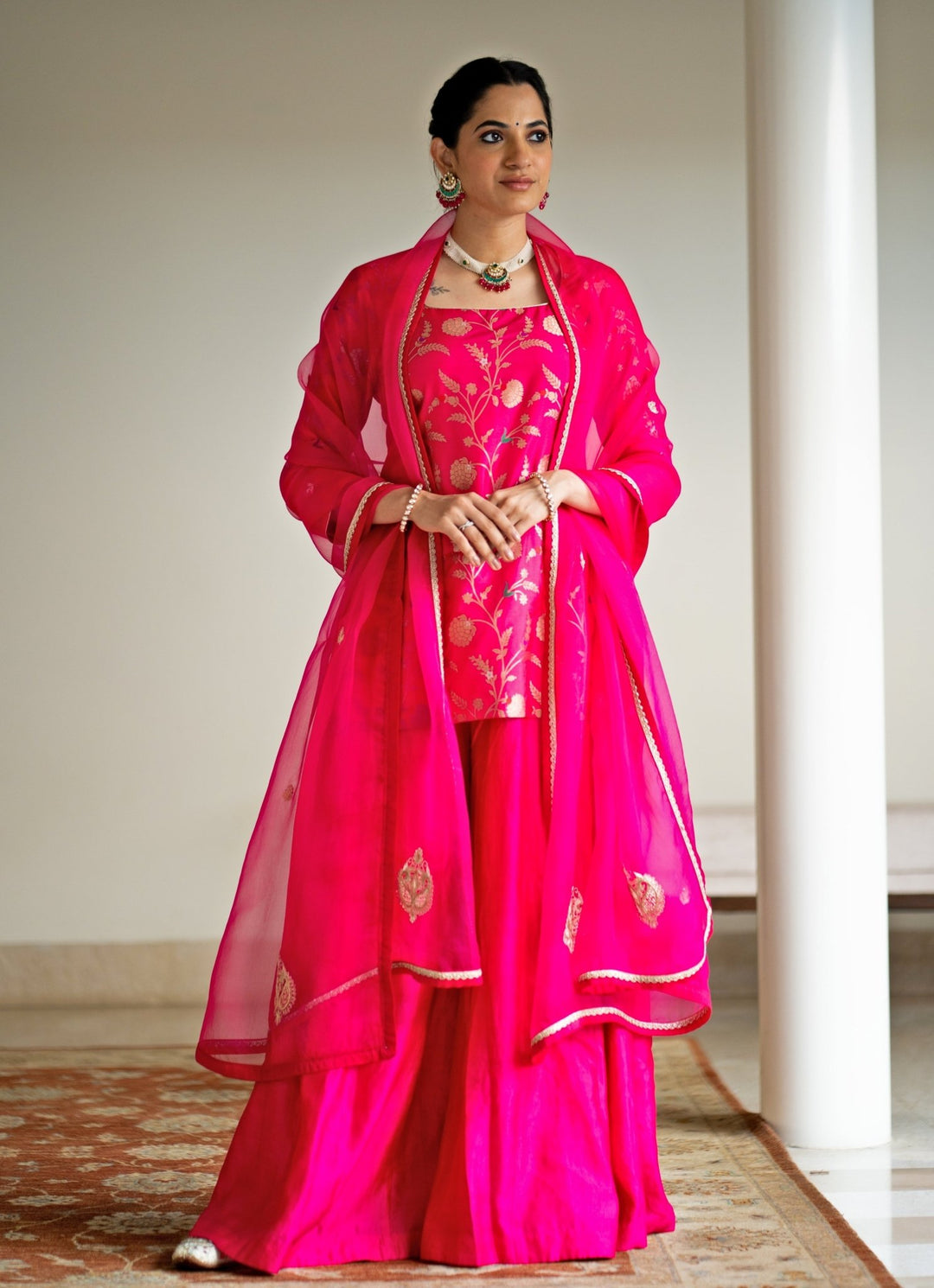 Pink Floral Jaal Brocade Short Kurta Palazzo Set Sobariko - Fabilicious Fashion