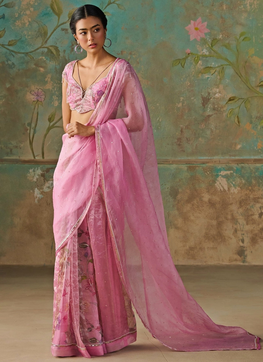 Zoon Tribe Pink Floral Organza Tissue Pre-Draped SareeFabilicious Fashion