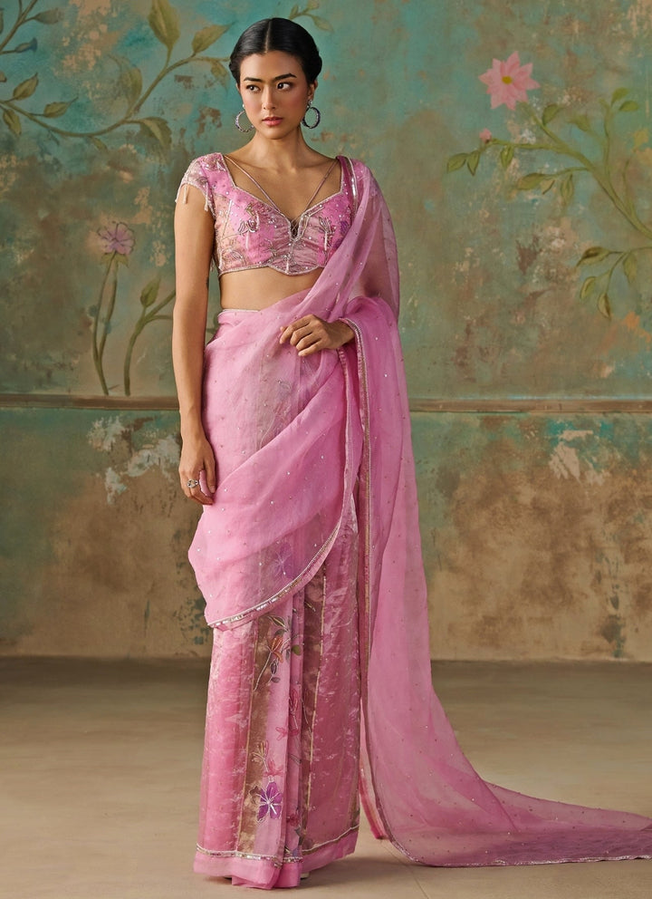 Zoon Tribe Pink Floral Organza Tissue Pre-Draped SareeFabilicious Fashion