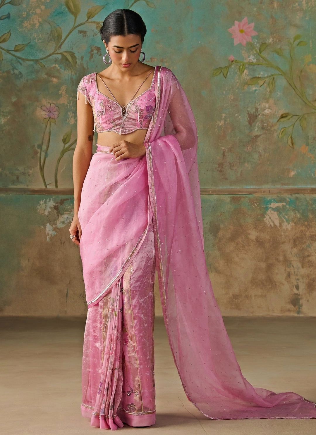 Zoon Tribe Pink Floral Organza Tissue Pre-Draped SareeFabilicious Fashion