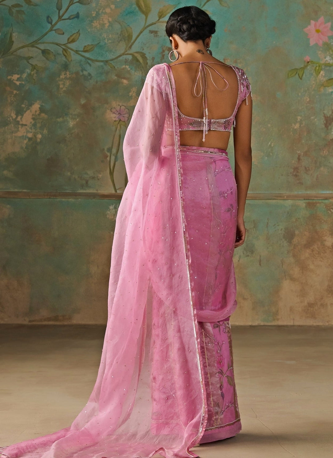 Zoon Tribe Pink Floral Organza Tissue Pre-Draped SareeFabilicious Fashion