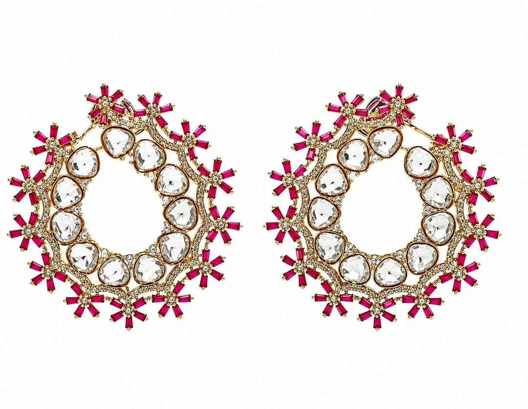 Vivinia By Vidhi Mehra Pink Floral Polki Hoop EarringsFabilicious Fashion