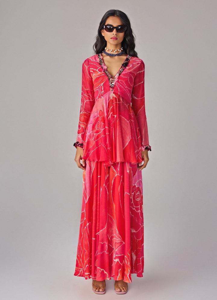 Pink Floral Print Blouse And Palazzo Set Saaksha & Kinni - Fabilicious Fashion