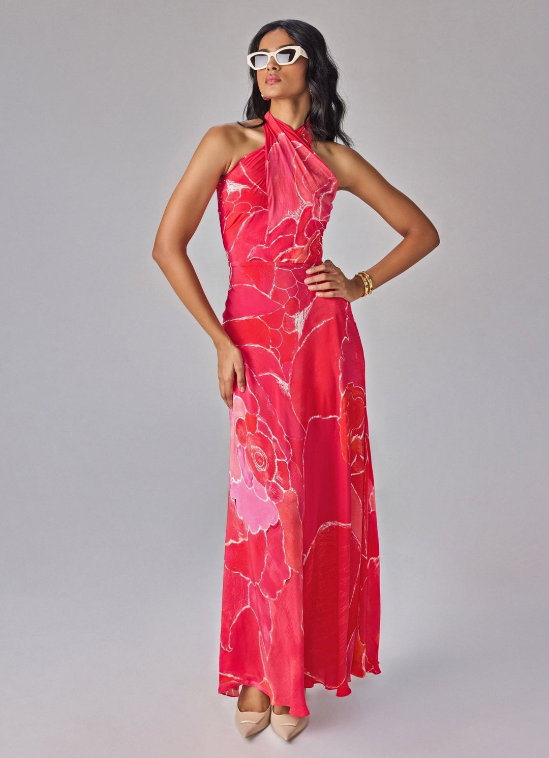Pink Floral Print Halter Column Dress Saaksha & Kinni - Fabilicious Fashion