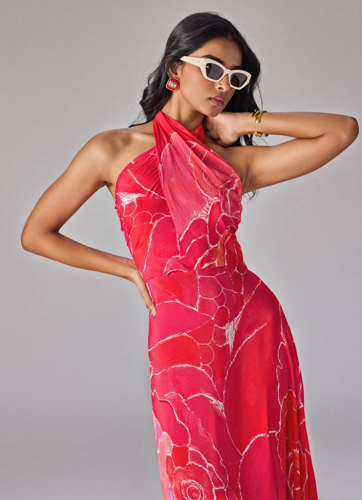 Pink Floral Print Halter Column Dress Saaksha & Kinni - Fabilicious Fashion