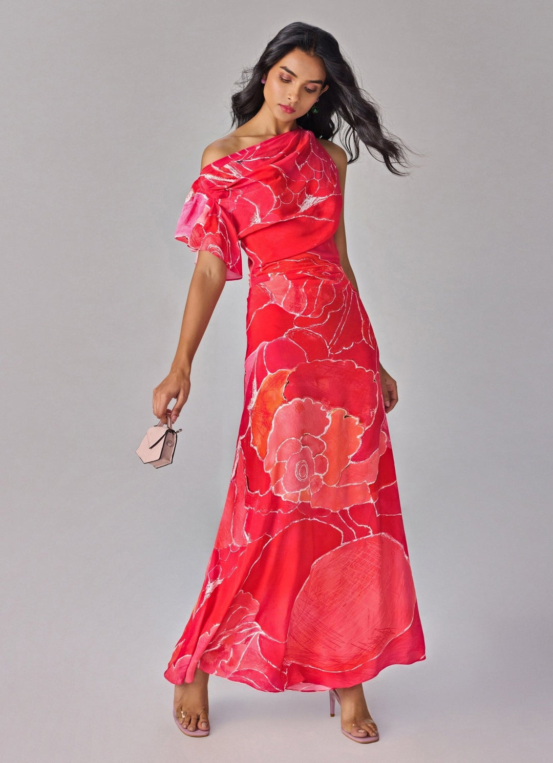 Pink Floral Print One Shoulder Column Dress Saaksha & Kinni - Fabilicious Fashion