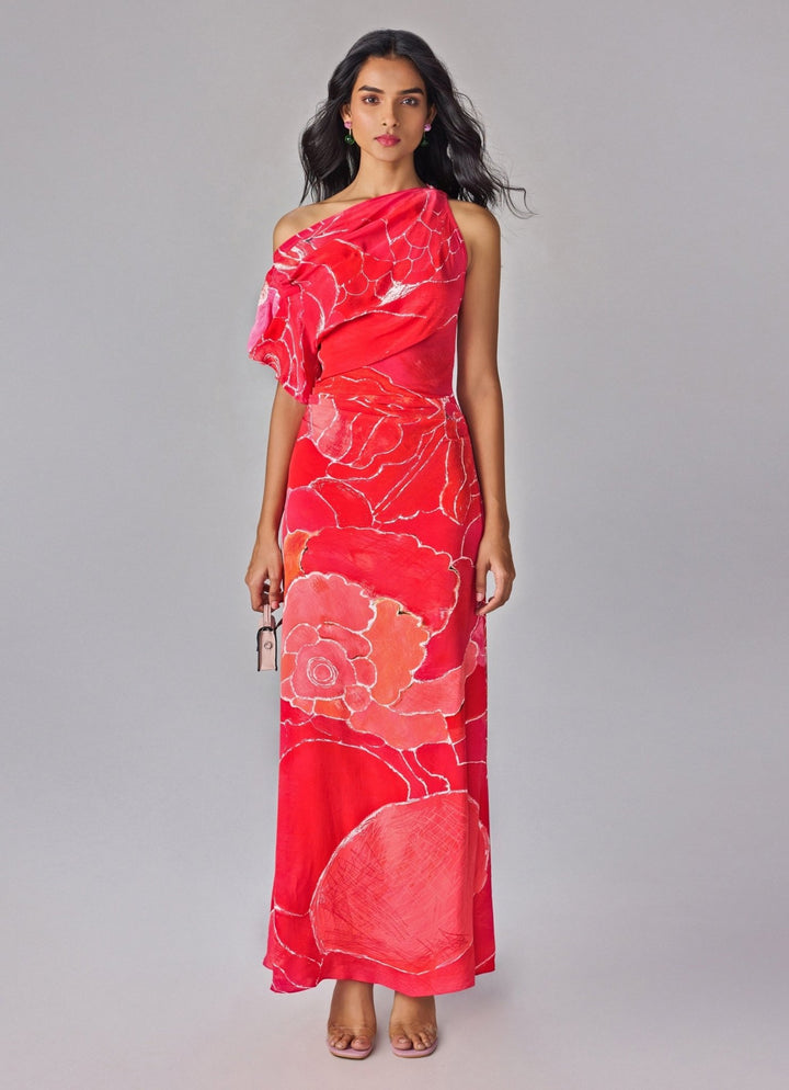 Pink Floral Print One Shoulder Column Dress Saaksha & Kinni - Fabilicious Fashion