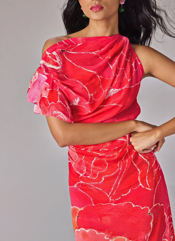 Pink Floral Print One Shoulder Column Dress Saaksha & Kinni - Fabilicious Fashion