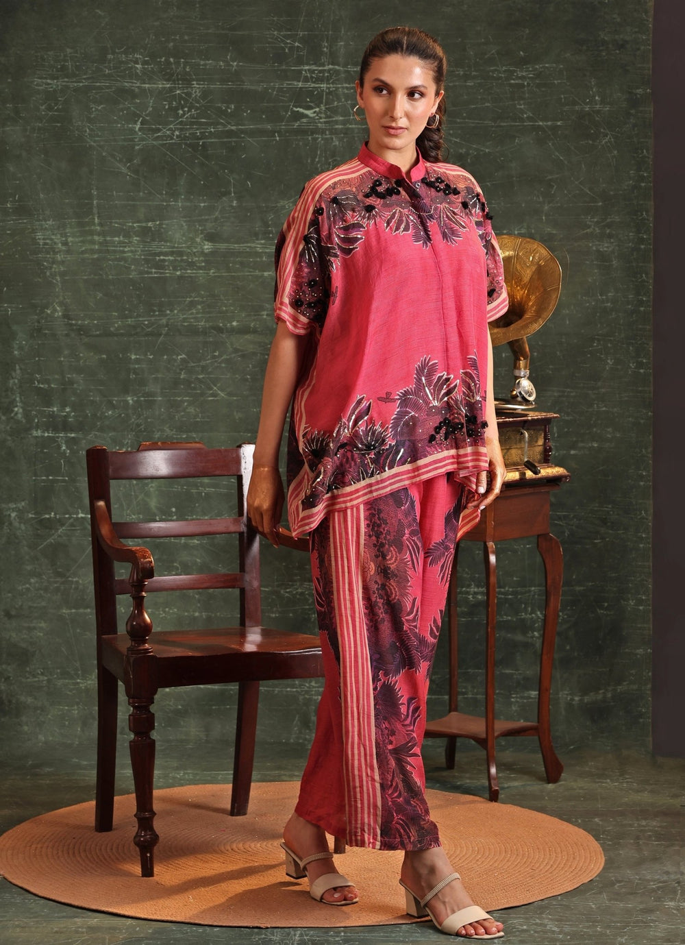 Pink Floral Print Organza Kaftan With Pant Soup By Sougat Paul - Fabilicious Fashion