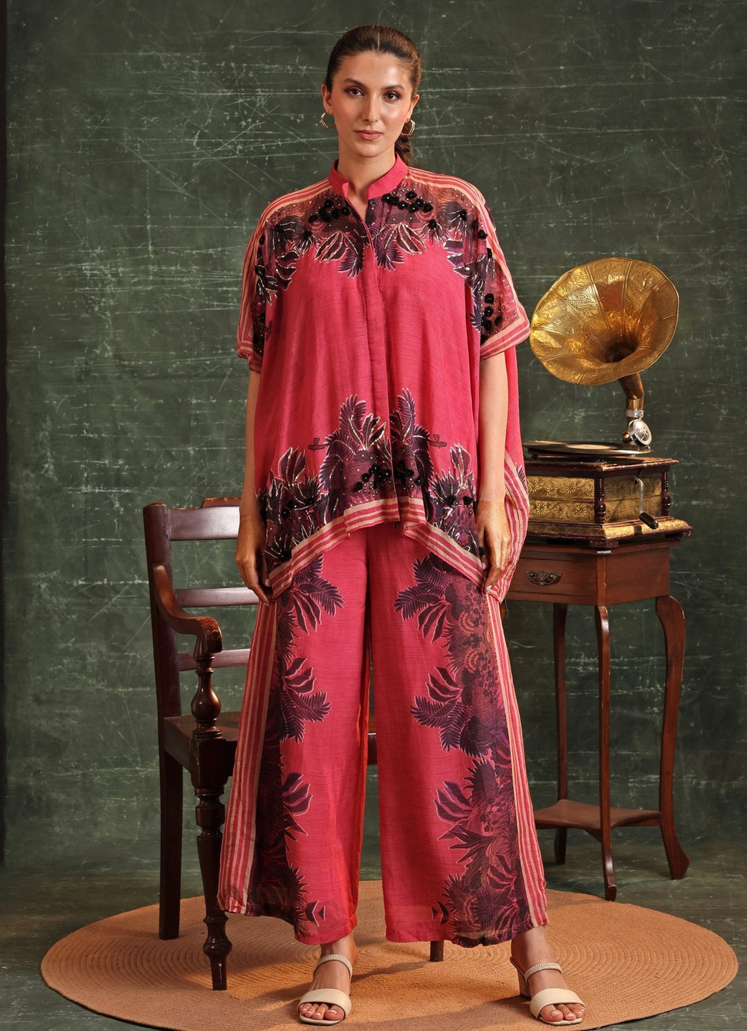 Pink Floral Print Organza Kaftan With Pant Soup By Sougat Paul - Fabilicious Fashion
