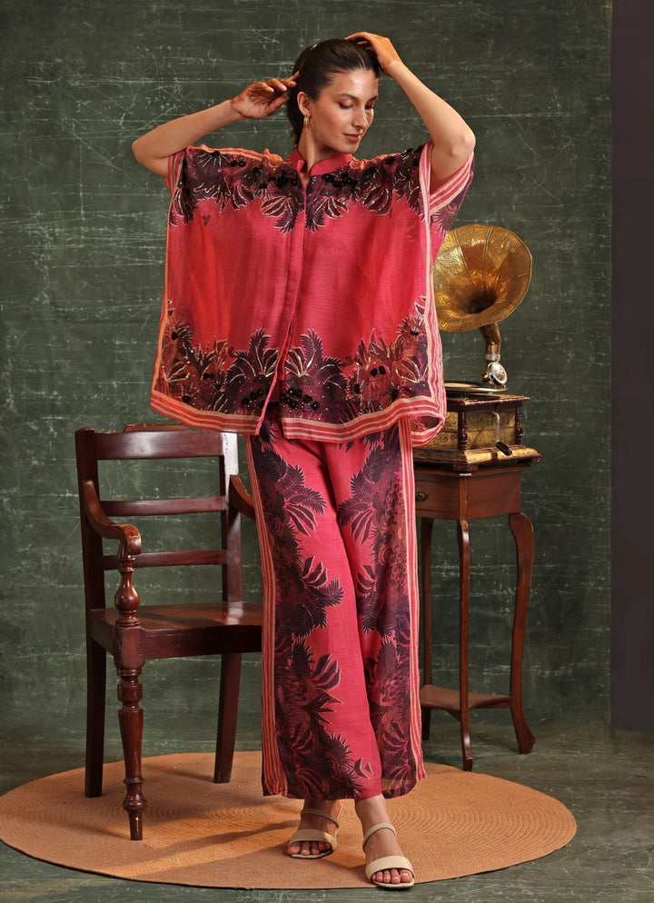 Pink Floral Print Organza Kaftan With Pant Soup By Sougat Paul - Fabilicious Fashion