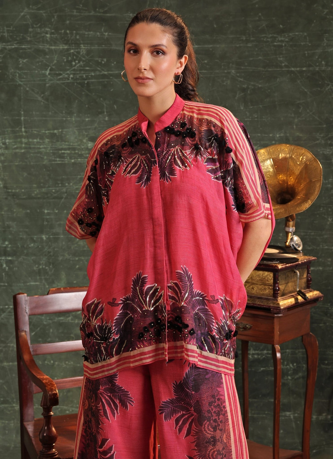 Pink Floral Print Organza Kaftan With Pant Soup By Sougat Paul - Fabilicious Fashion