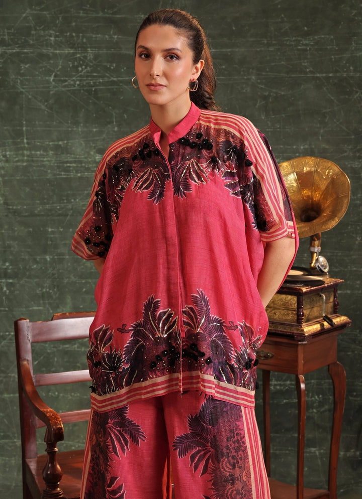 Pink Floral Print Organza Kaftan With Pant Soup By Sougat Paul - Fabilicious Fashion