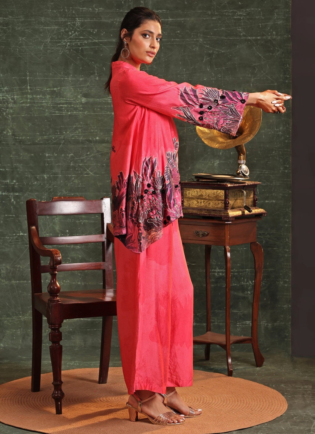 Pink Floral Printed Chanderi Collar Kurta Pant Set Soup By Sougat Paul - Fabilicious Fashion