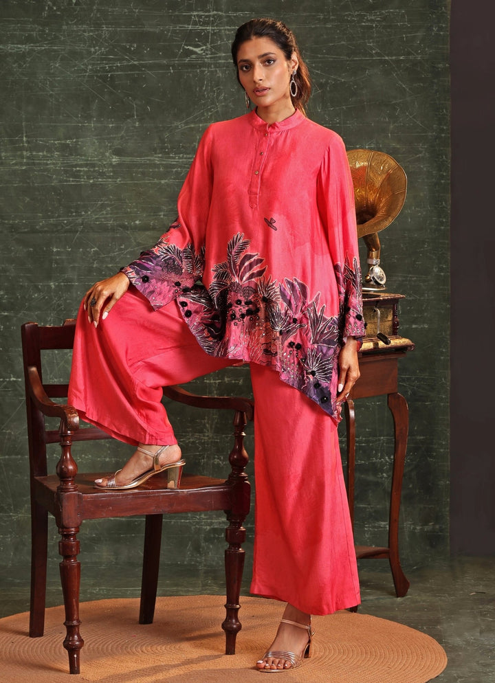 Pink Floral Printed Chanderi Collar Kurta Pant Set Soup By Sougat Paul - Fabilicious Fashion