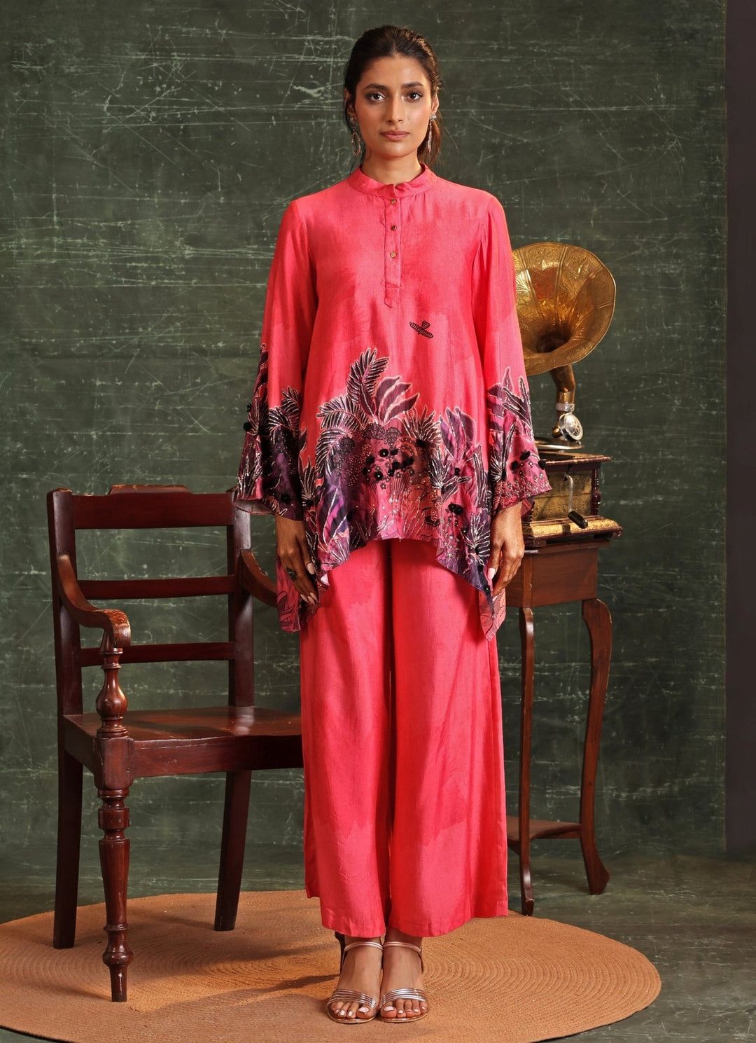 Pink Floral Printed Chanderi Collar Kurta Pant Set Soup By Sougat Paul - Fabilicious Fashion