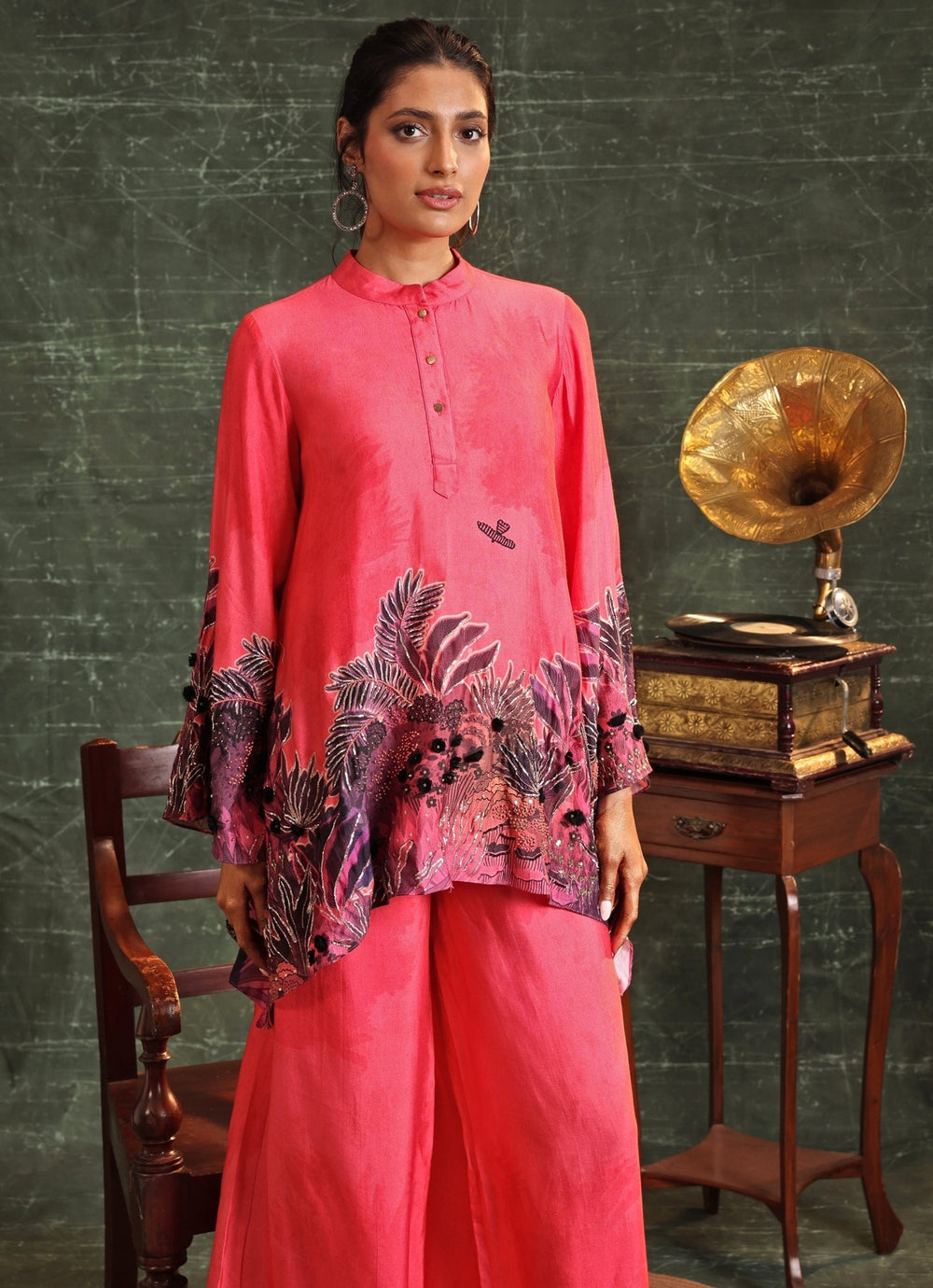 Pink Floral Printed Chanderi Collar Kurta Pant Set Soup By Sougat Paul - Fabilicious Fashion