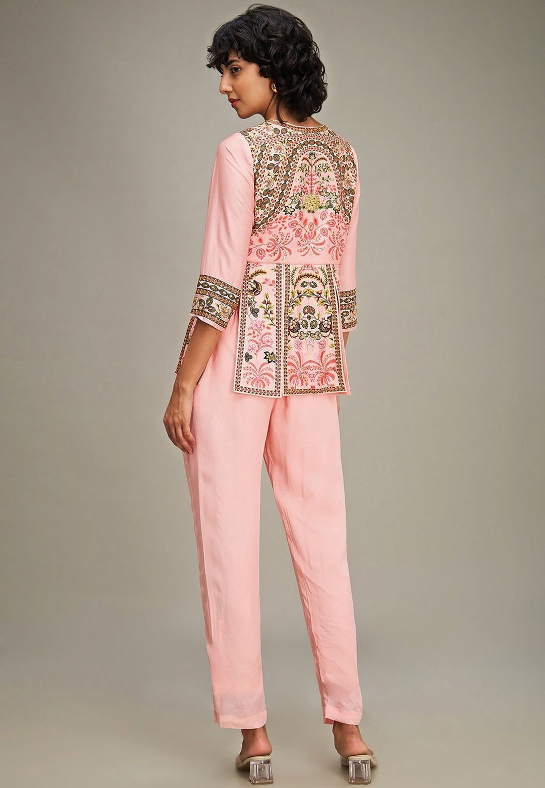 Pink Floral Printed Chanderi Peplum Top And Pant Set Soup By Sougat Paul - Fabilicious Fashion