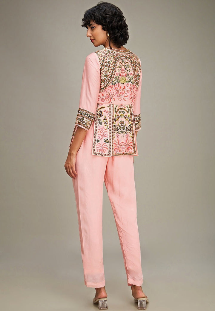Pink Floral Printed Chanderi Peplum Top And Pant Set Soup By Sougat Paul - Fabilicious Fashion