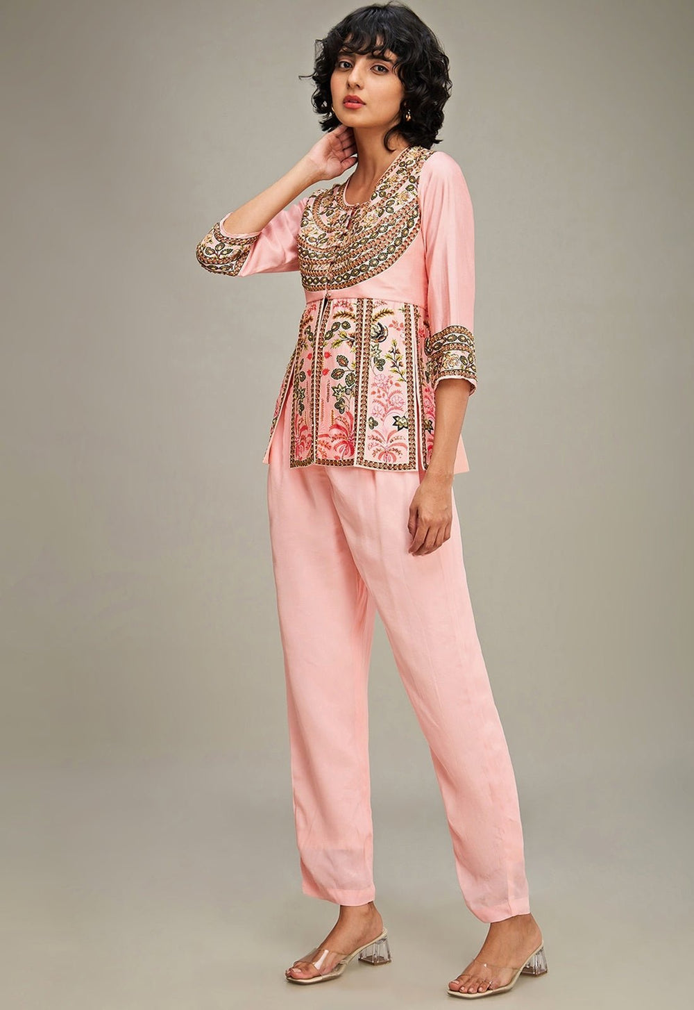Pink Floral Printed Chanderi Peplum Top And Pant Set Soup By Sougat Paul - Fabilicious Fashion