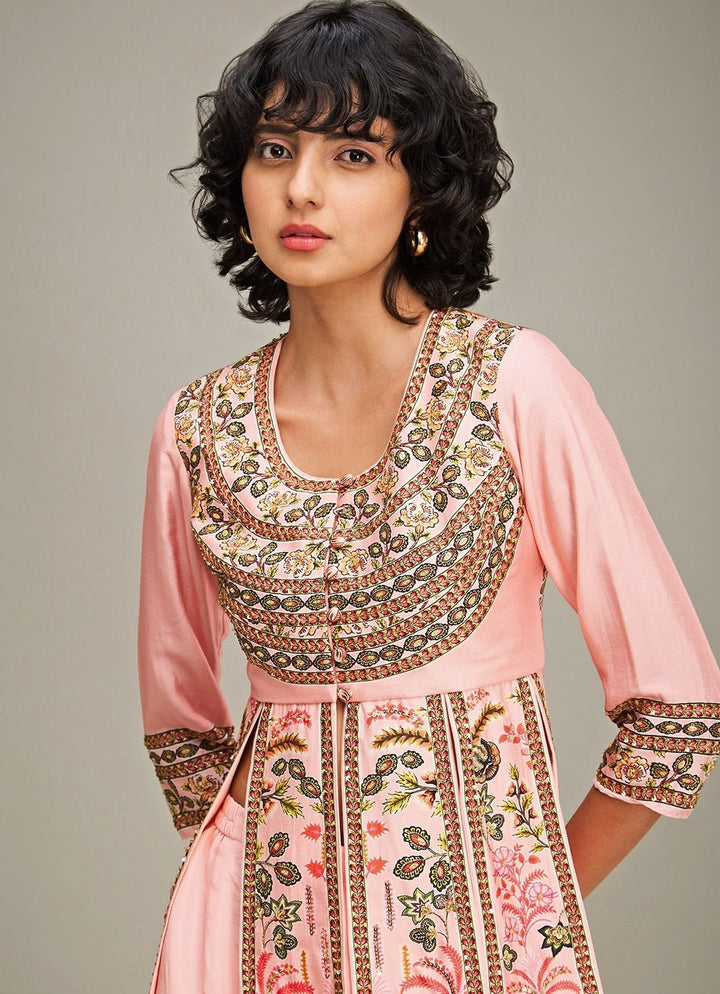 Pink Floral Printed Chanderi Peplum Top And Pant Set Soup By Sougat Paul - Fabilicious Fashion