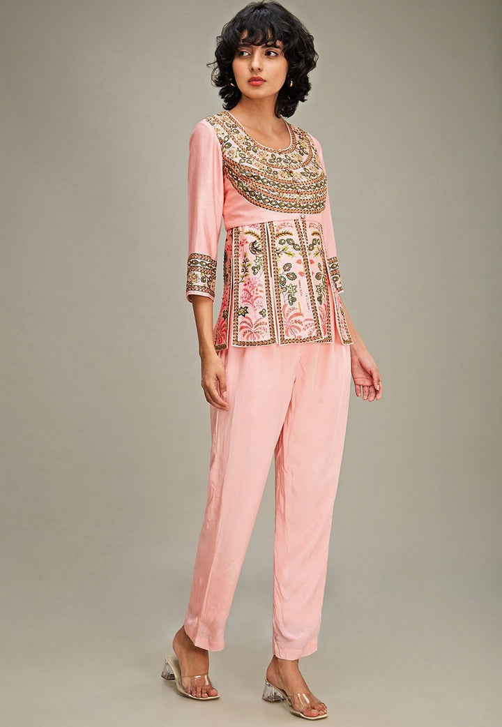 Pink Floral Printed Chanderi Peplum Top And Pant Set Soup By Sougat Paul - Fabilicious Fashion