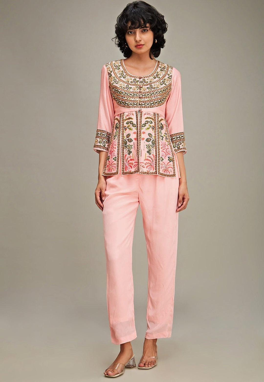 Pink Floral Printed Chanderi Peplum Top And Pant Set Soup By Sougat Paul - Fabilicious Fashion
