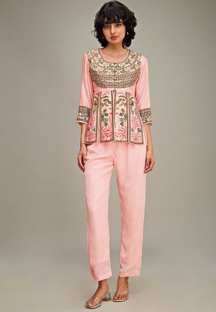 Pink Floral Printed Chanderi Peplum Top And Pant Set Soup By Sougat Paul - Fabilicious Fashion
