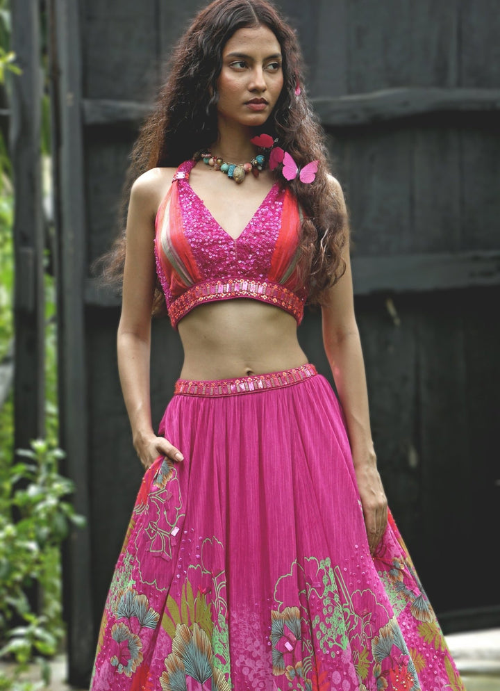Pink Floral Printed Organza Lehenga Set Basil Leaf - Fabilicious Fashion