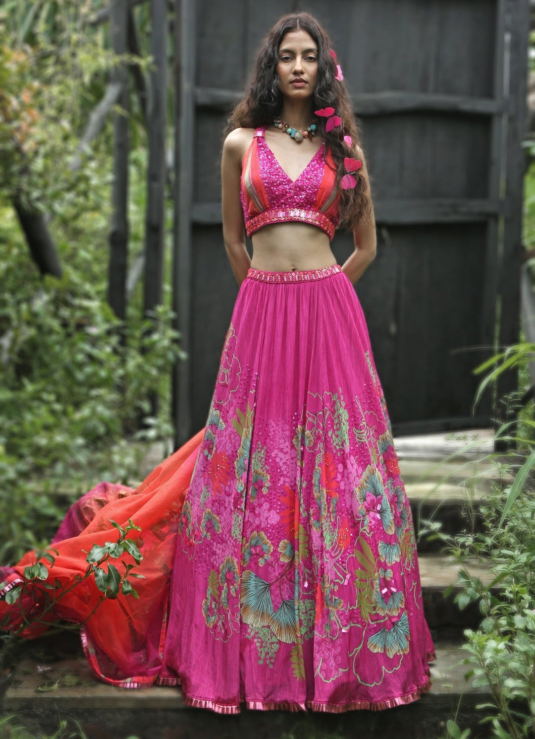 Pink Floral Printed Organza Lehenga Set Basil Leaf - Fabilicious Fashion