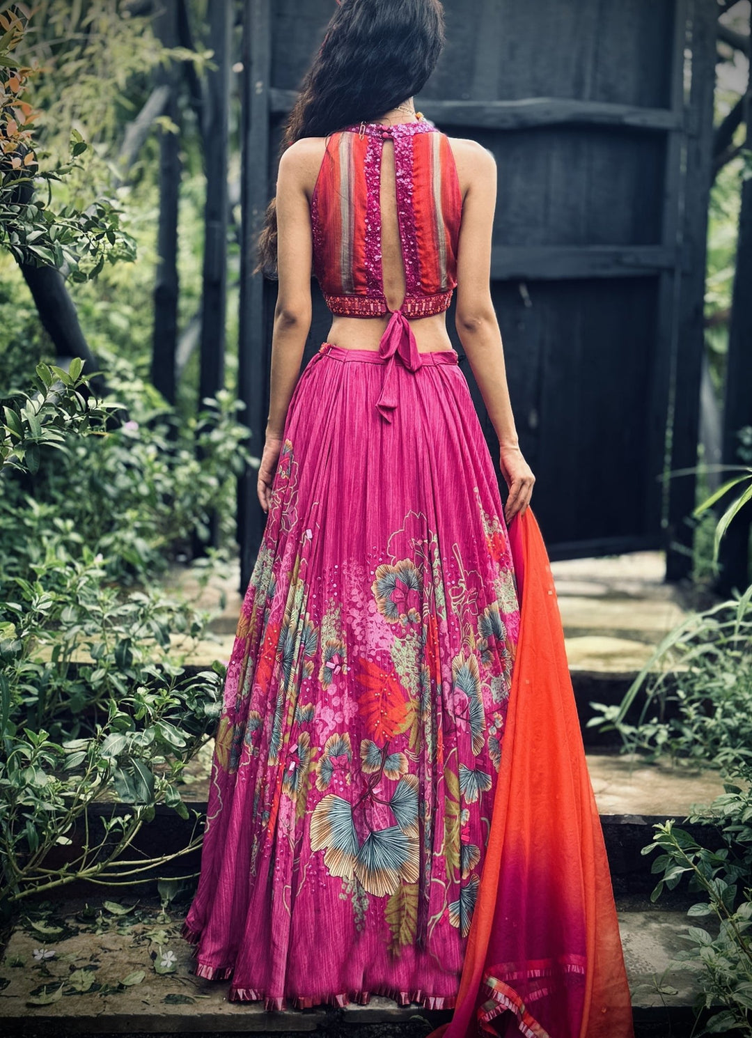 Pink Floral Printed Organza Lehenga Set Basil Leaf - Fabilicious Fashion