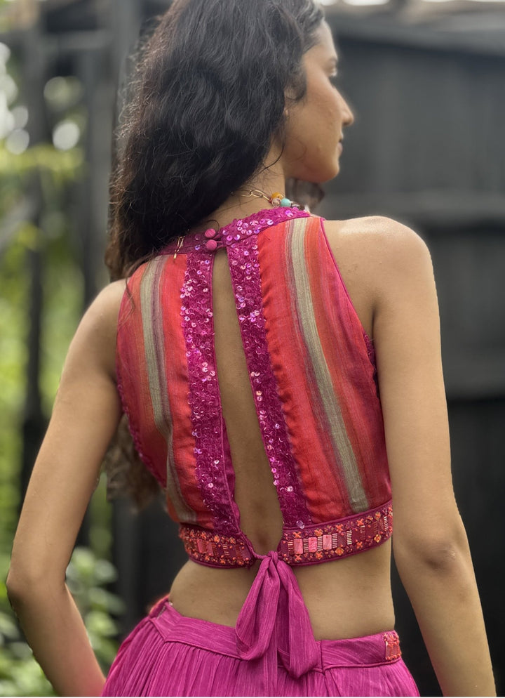 Pink Floral Printed Organza Lehenga Set Basil Leaf - Fabilicious Fashion