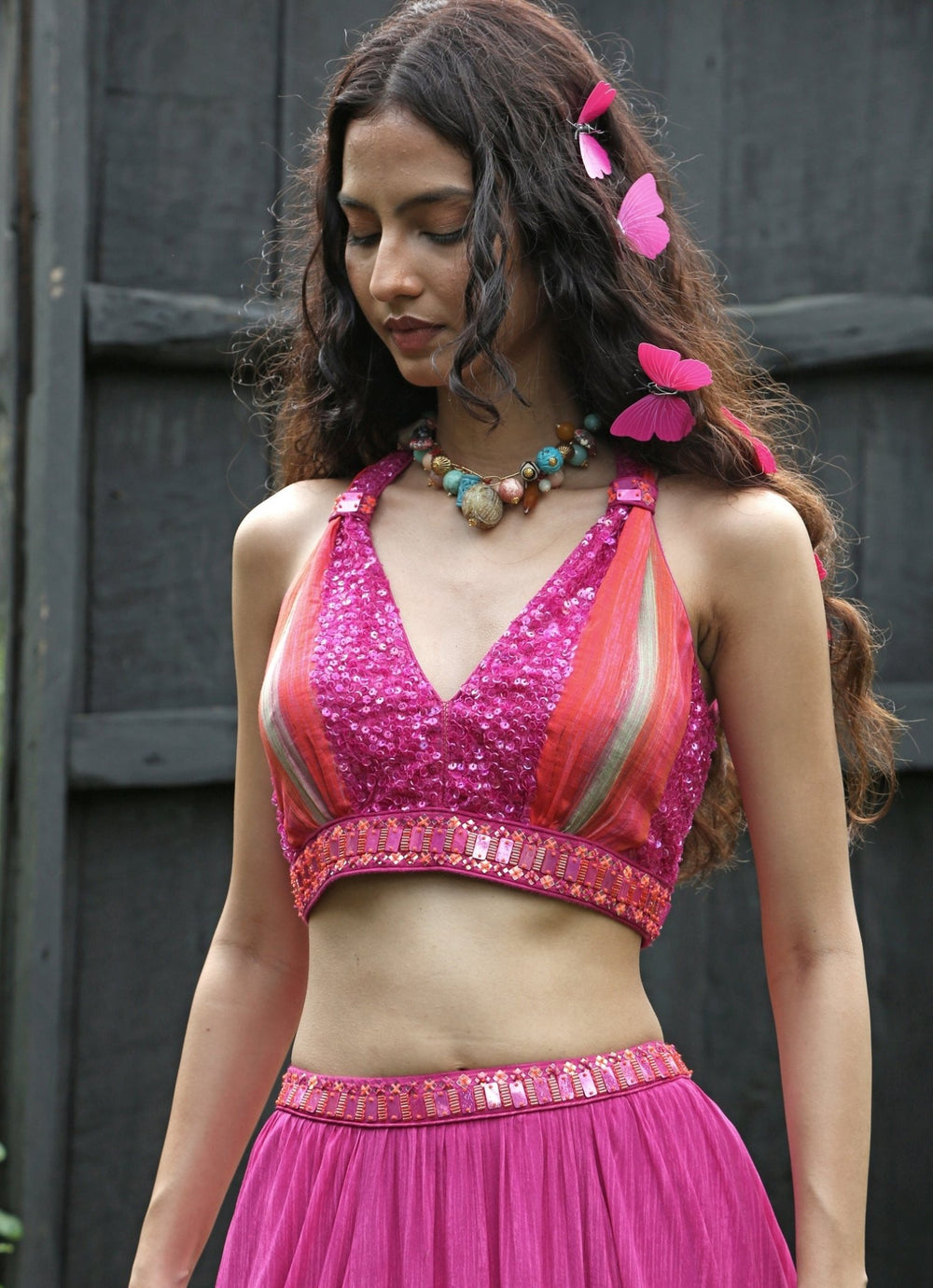Pink Floral Printed Organza Lehenga Set Basil Leaf - Fabilicious Fashion