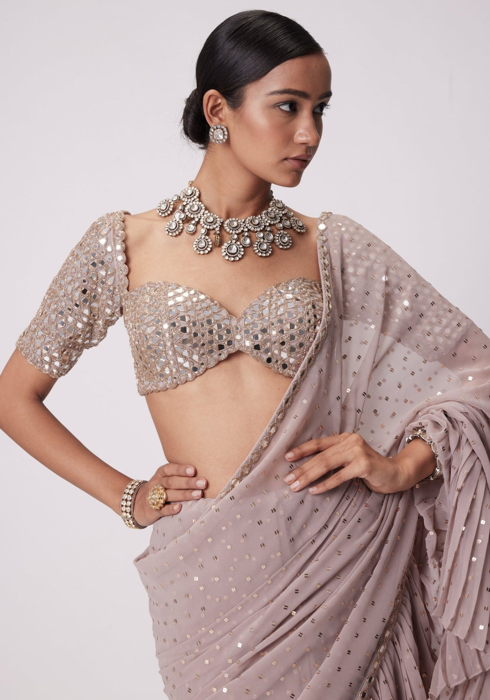 Pink Frill Saree With Embroidered Classic Blouse Vvani by Vani Vats - Fabilicious Fashion