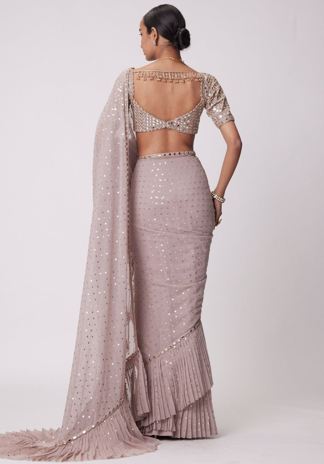 Pink Frill Saree With Embroidered Classic Blouse Vvani by Vani Vats - Fabilicious Fashion