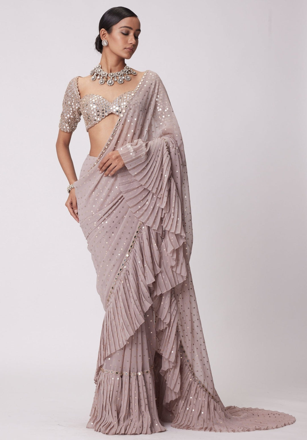 Pink Frill Saree With Embroidered Classic Blouse Vvani by Vani Vats - Fabilicious Fashion