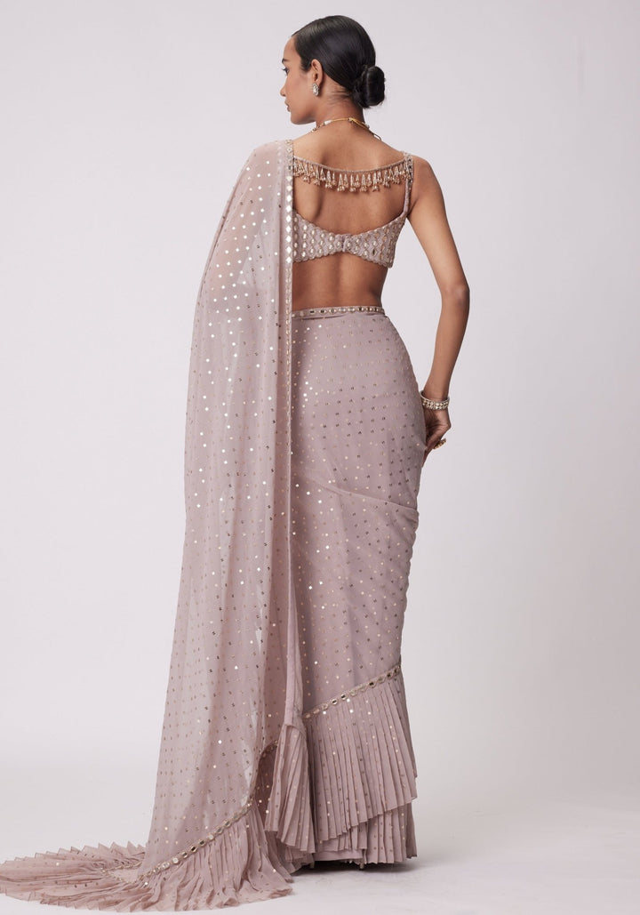 Pink Frill Saree With Embroidered Sleeveless Blouse Vvani by Vani Vats - Fabilicious Fashion