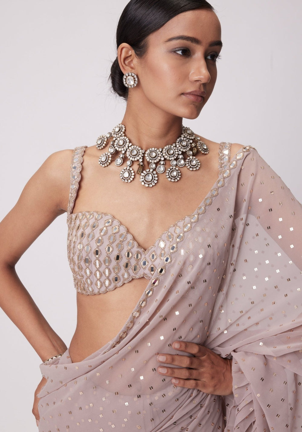 Pink Frill Saree With Embroidered Sleeveless Blouse Vvani by Vani Vats - Fabilicious Fashion