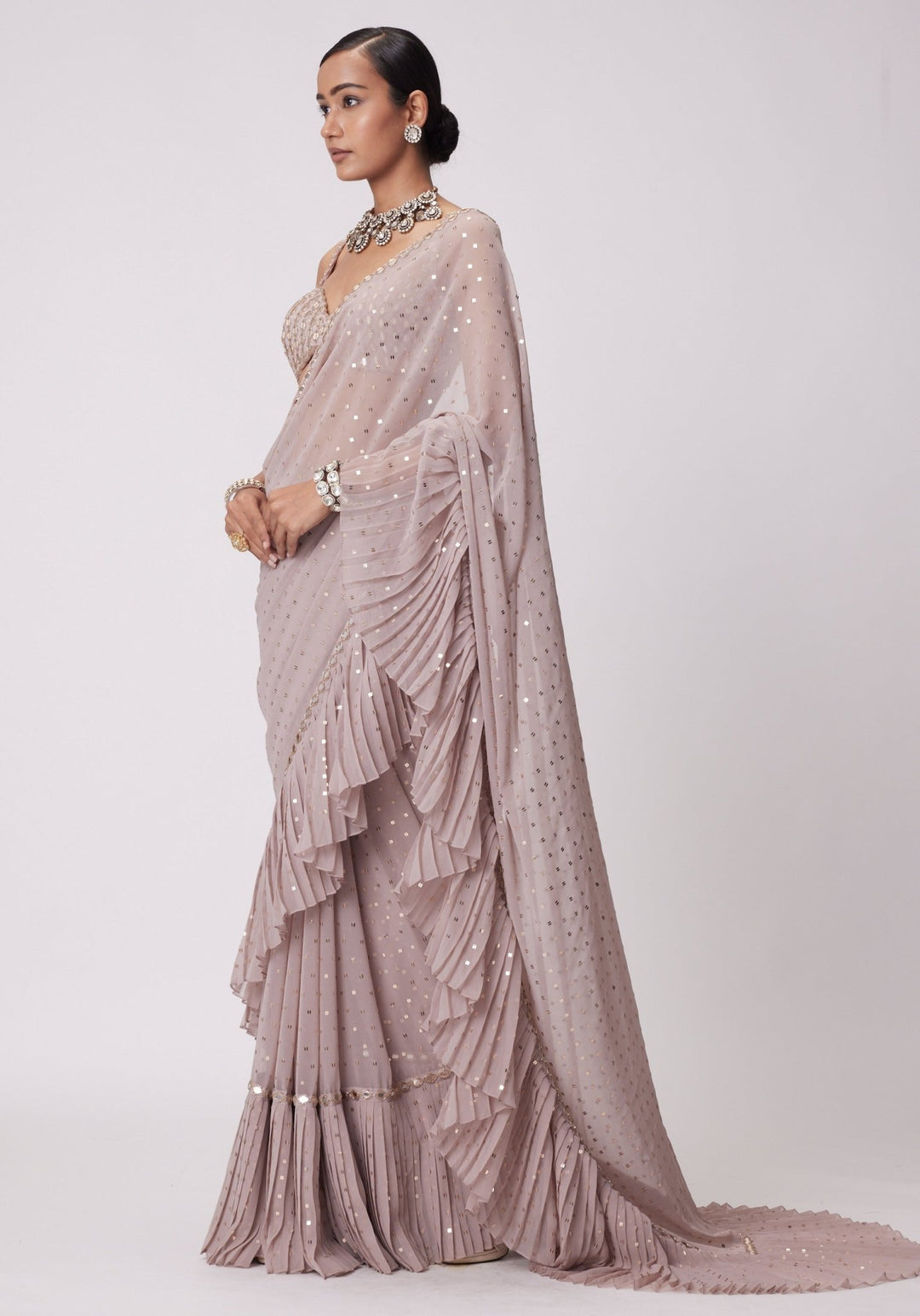 Pink Frill Saree With Embroidered Sleeveless Blouse Vvani by Vani Vats - Fabilicious Fashion
