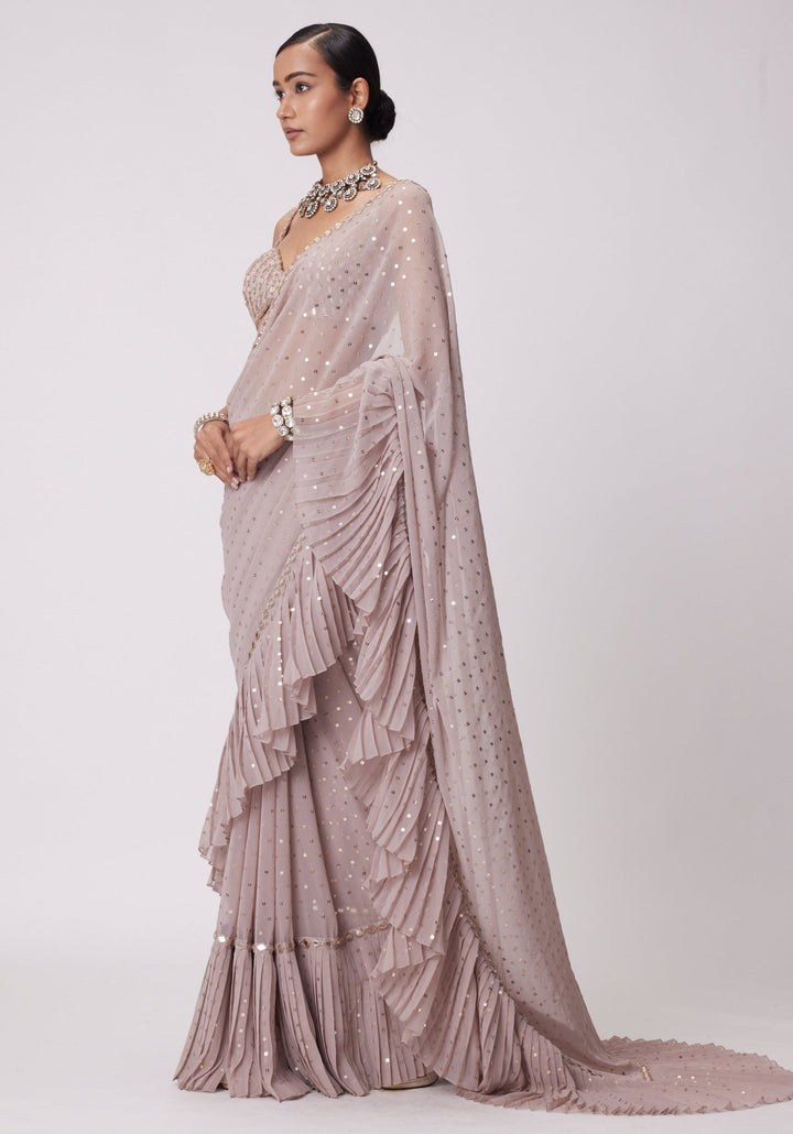 Pink Frill Saree With Embroidered Sleeveless Blouse Vvani by Vani Vats - Fabilicious Fashion