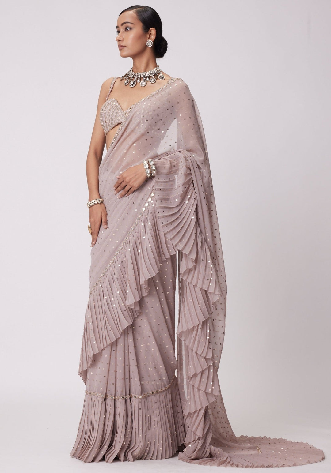 Pink Frill Saree With Embroidered Sleeveless Blouse Vvani by Vani Vats - Fabilicious Fashion