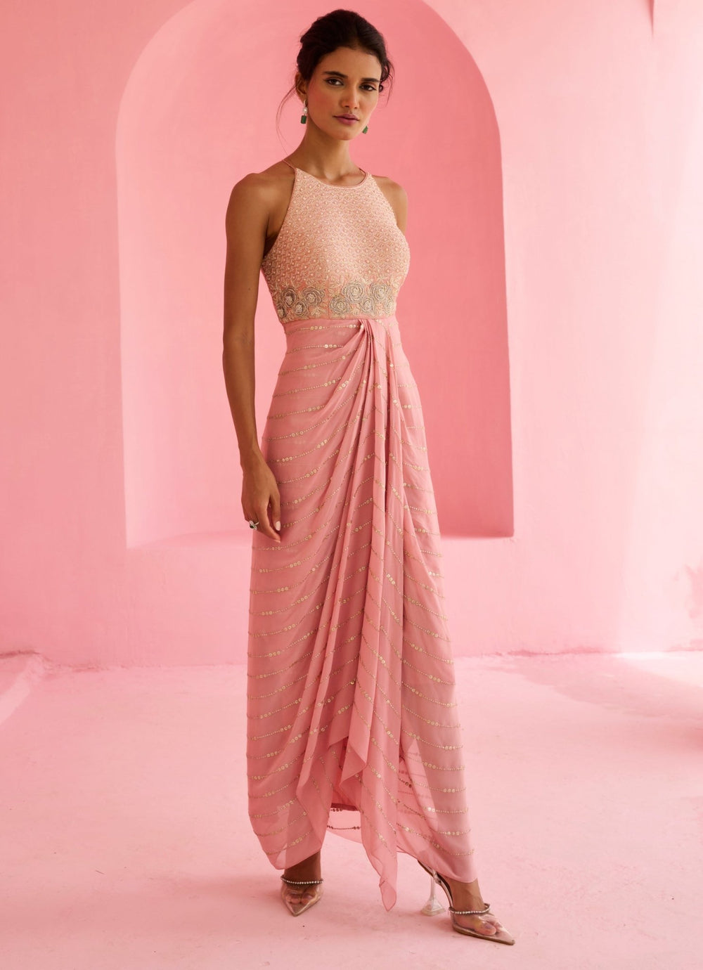 Pink Georgette Cascade Dress Chamee and Palak - Fabilicious Fashion