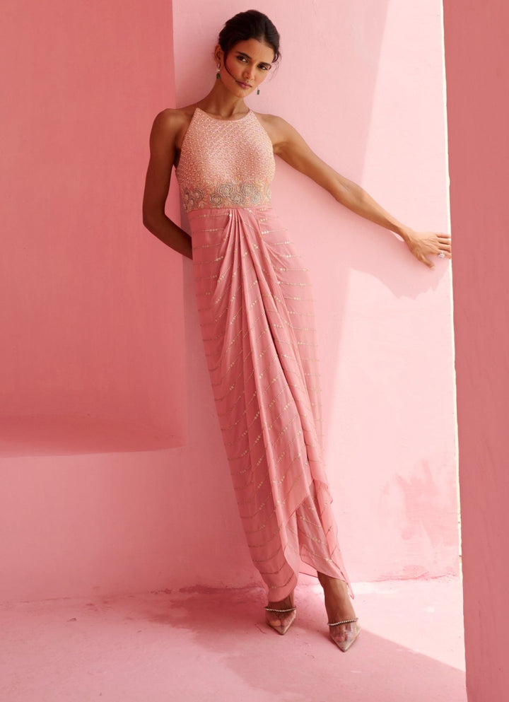 Pink Georgette Cascade Dress Chamee and Palak - Fabilicious Fashion