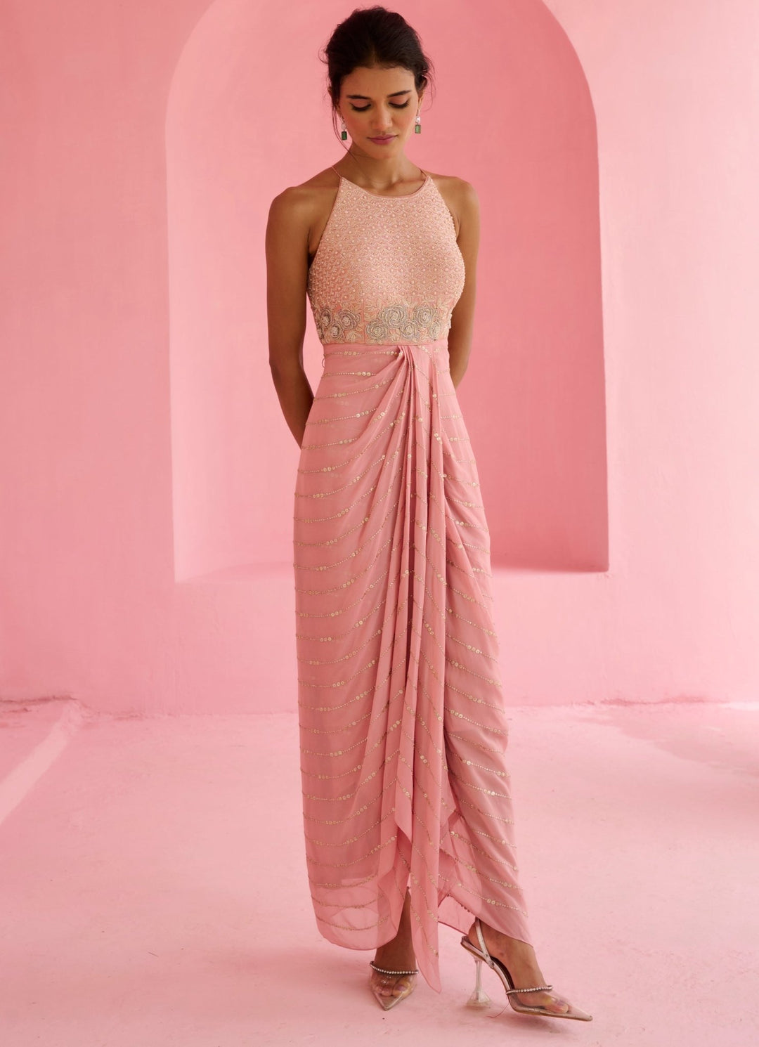 Pink Georgette Cascade Dress Chamee and Palak - Fabilicious Fashion