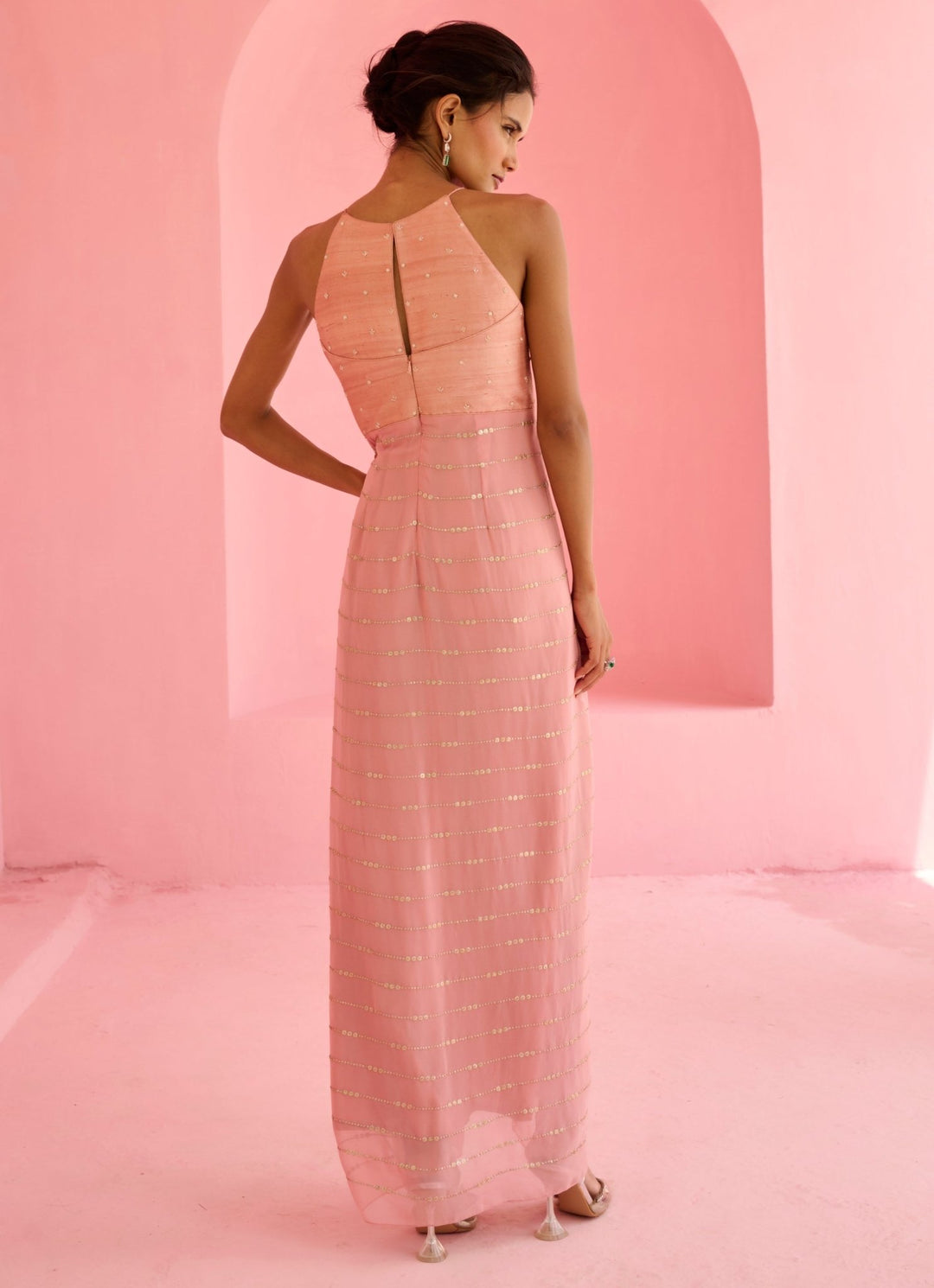 Pink Georgette Cascade Dress Chamee and Palak - Fabilicious Fashion