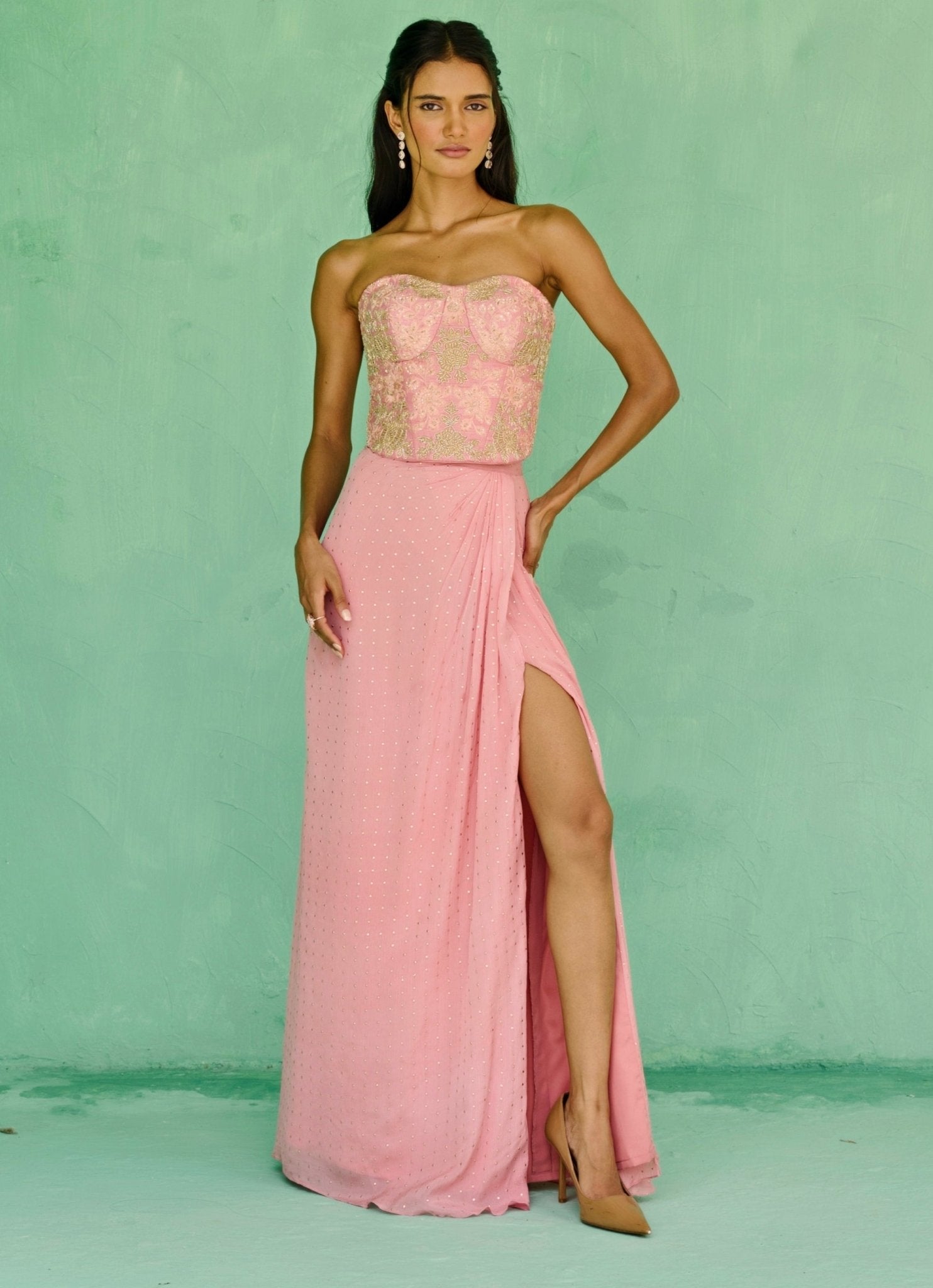 Pink corset drape skirt set for wedding guest by Chamee and Palak
