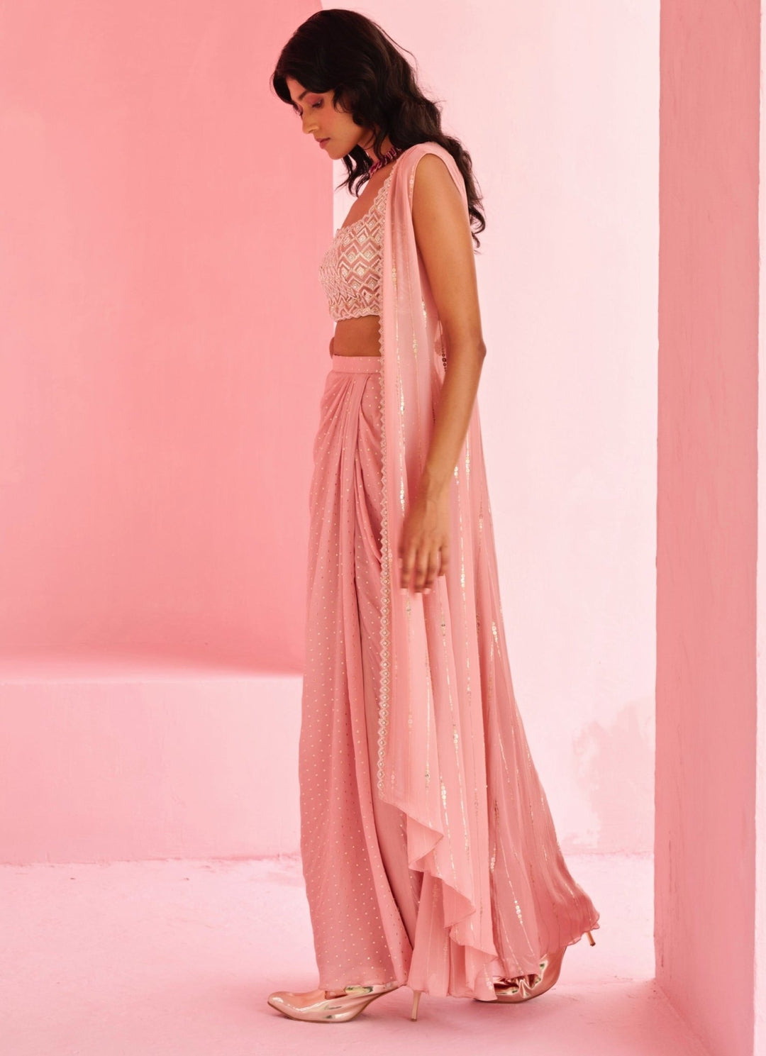 Pink Georgette Drape Slit Skirt With Jacket Chamee and Palak - Fabilicious Fashion