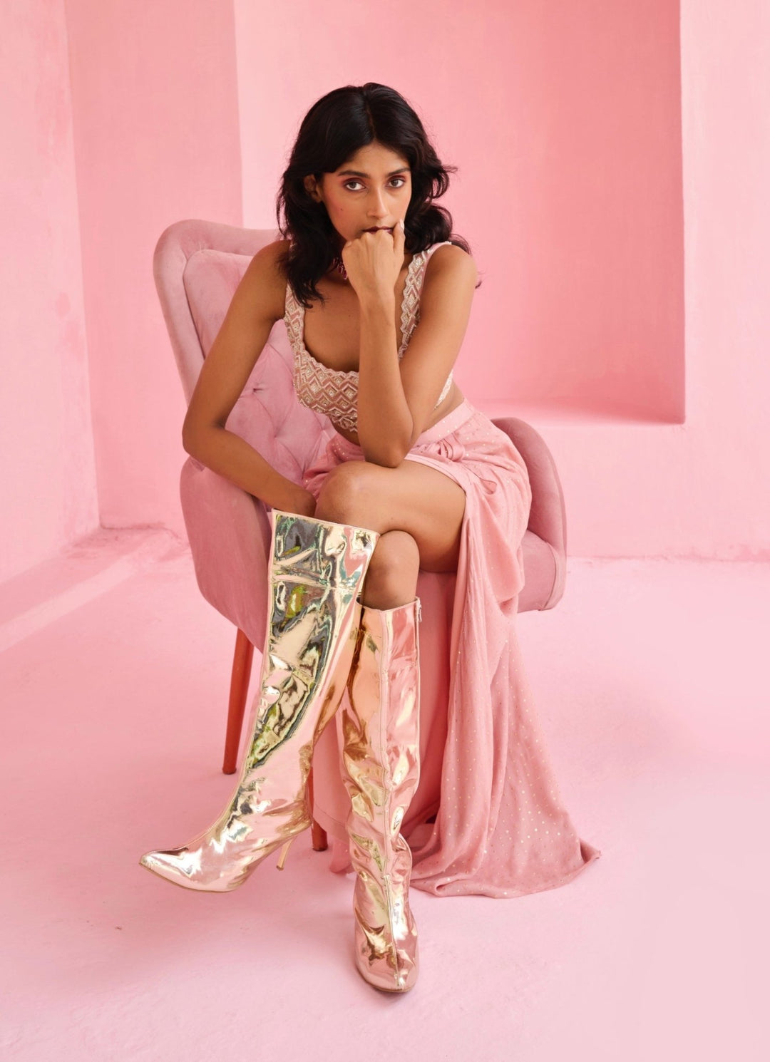 Pink Georgette Drape Slit Skirt With Jacket Chamee and Palak - Fabilicious Fashion