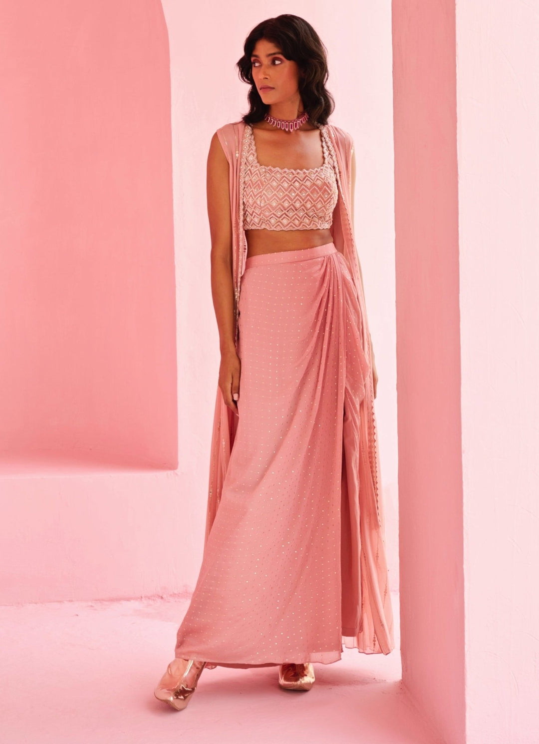Pink Georgette Drape Slit Skirt With Jacket Chamee and Palak - Fabilicious Fashion