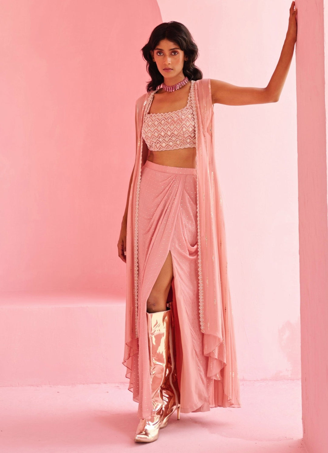 Pink Georgette Drape Slit Skirt With Jacket Chamee and Palak - Fabilicious Fashion